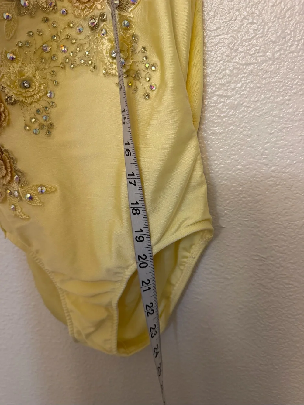 Glamour solo dance costume leotard pale yellow embellished rhinestone lace XSA